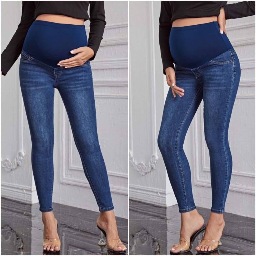 Maternity Wide Band Stretchy Waist dark Wash Denim Skinny Jeans